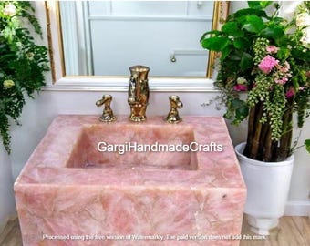 Rose Quartz Stone Sink & Washbasin Healing Crystal Vessel Pink Gemstone Vanity Bowl Unique Bathroom Handwash Basin Sink Home And Hotel Decor