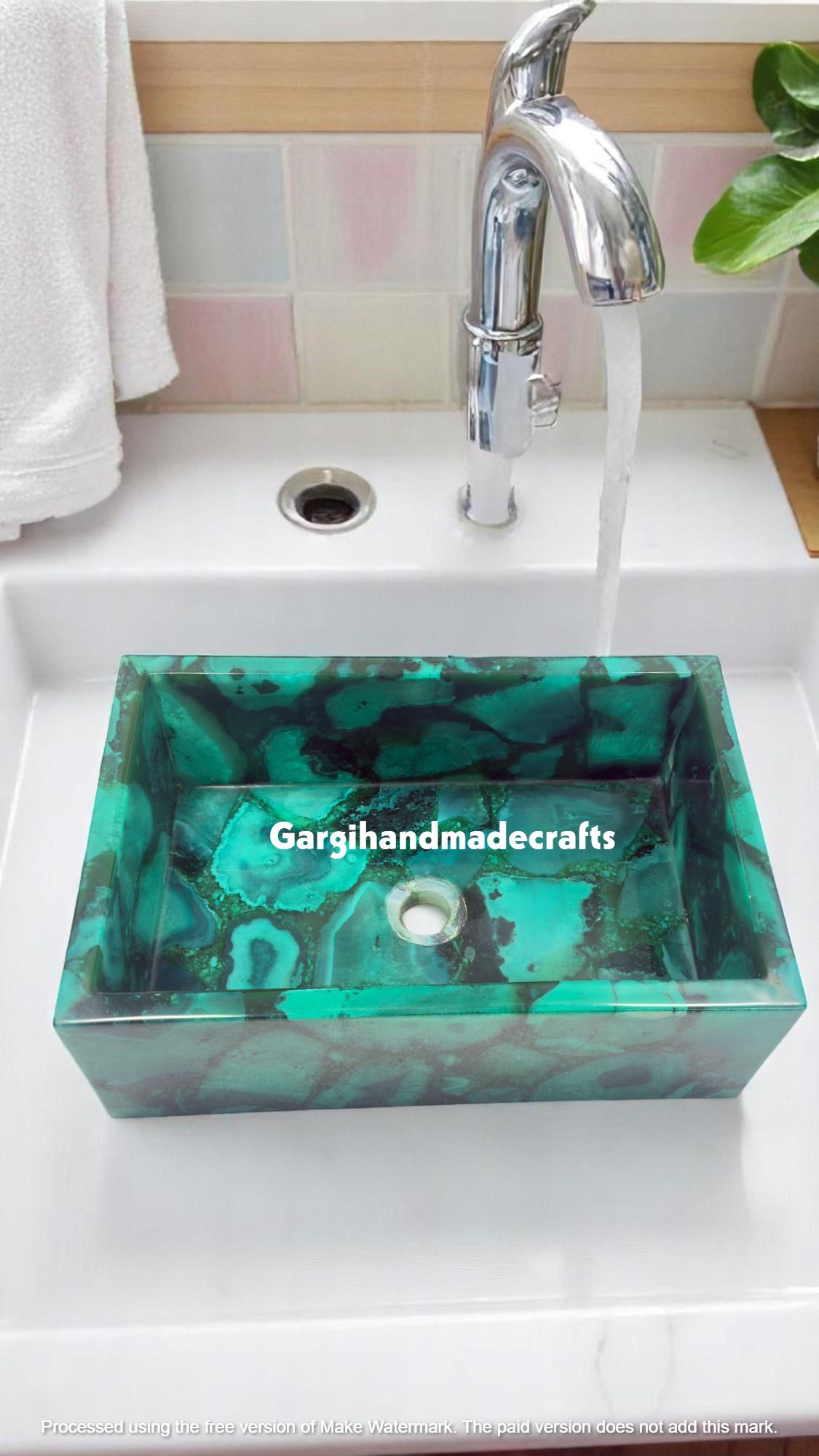 Rectangle Green Agate Sink – Handcrafted Stone Wash Basin –Gemstone Vanity Sink for Luxury Bathroom, Spa, or Powder Room Vessel Sink Decors