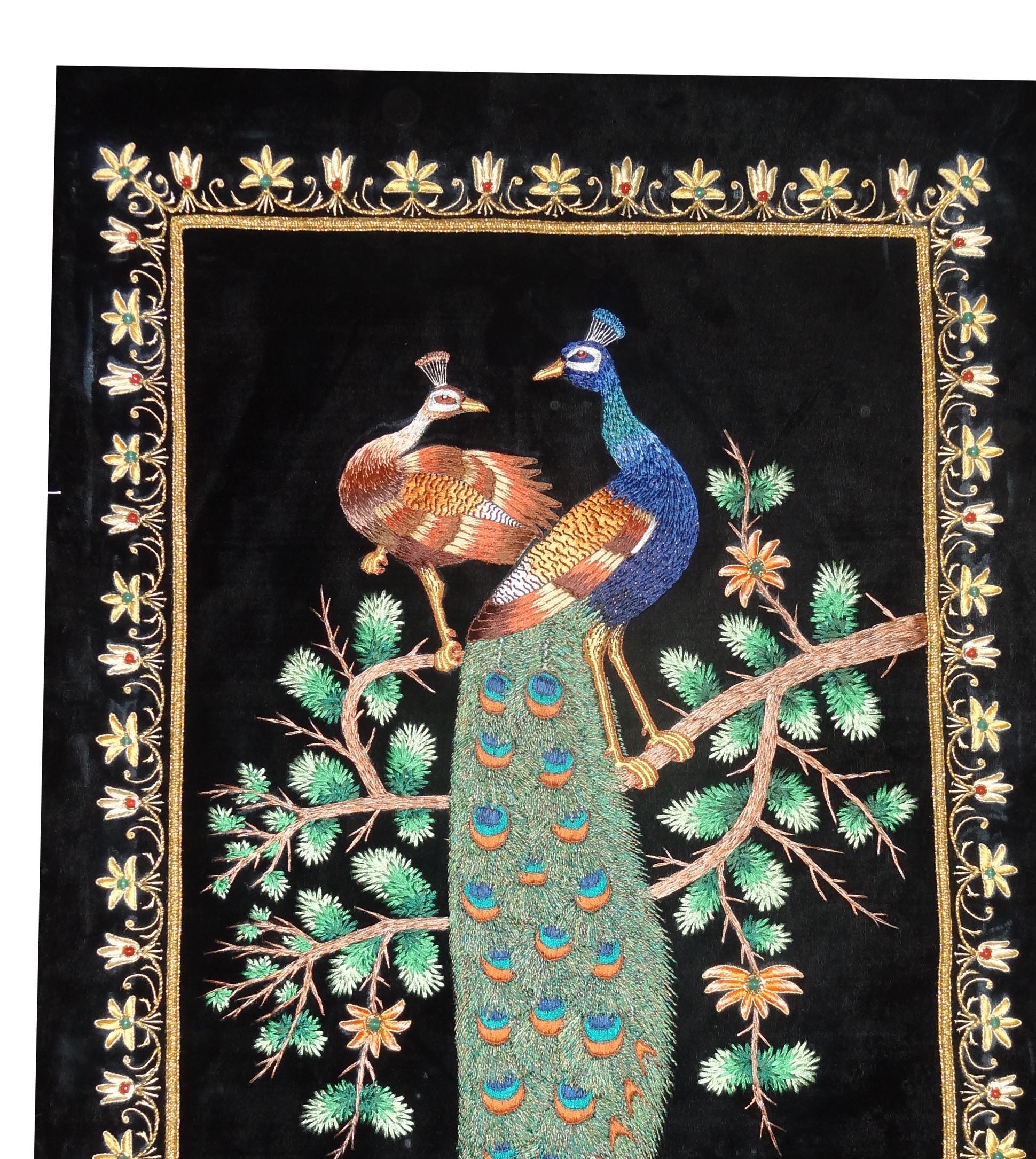 Zardozi Peacock Tapestry: Silk Embroidery Wall Art (36