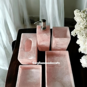 5-Pcs Rose Quartz Bathroom Accessories Set – Premium Crystal Decor for a Sophisticated and Spa-Vanity Accessories for a Bathroom Decors