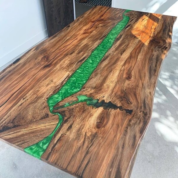 Green Epoxy Resin Table, Wooden Top Dining Table, Custom Epoxy Table, Live Edge Table, Counter Desk Table, Farmhouse Furniture, Home Decors