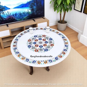 White Marble Coffee Table Top: Lapis Lazuli & Carnelian Inlay, Pietra Dura Art