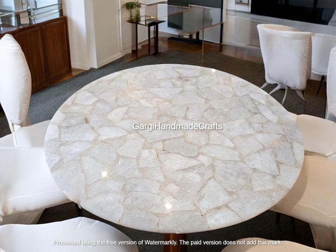 White Quartz Round Dining Table Top Gemstone Design, Handcrafted Modern ...