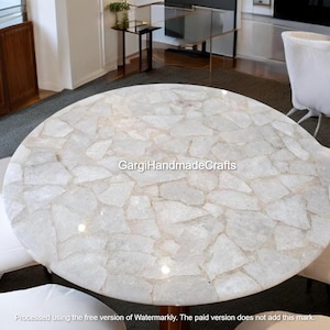 White Quartz Round Dining Table Top  Gemstone Design, Handcrafted Modern Furniture for Elegant Dining Rooms and Sophisticated Home Décors