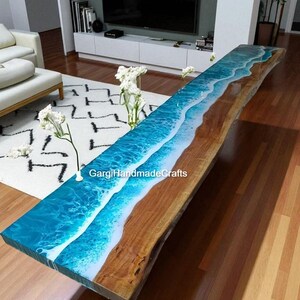 Live Edge Wood & Blue Resin River Table: Modern Beach House Decor