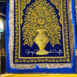 Floral Zardozi Embroidered Velvet Wall Hanging: Indian Tapestry (18&quot;x24&quot;)