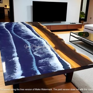 Ocean Wave Epoxy Resin Dining Table: Live Edge Beach Scene
