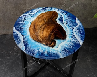 Blue Ocean Epoxy Resin Table Top with Natural Wood – Coastal Home Decor