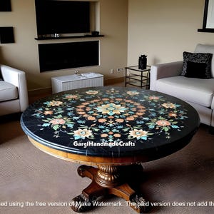 Handcrafted Stone Accent Black Marble Round Table with Floral Inlay Semi-Precious Stone Furniture Luxurious Artistic Coffee Table Home Decor