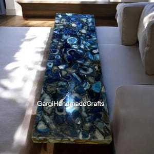 Blue Agate Stone Center Sofa Dining Table Handmade Furniture, Kitchen Slab Countertop Gemstone Modern Arts Housewarming Interior Decors