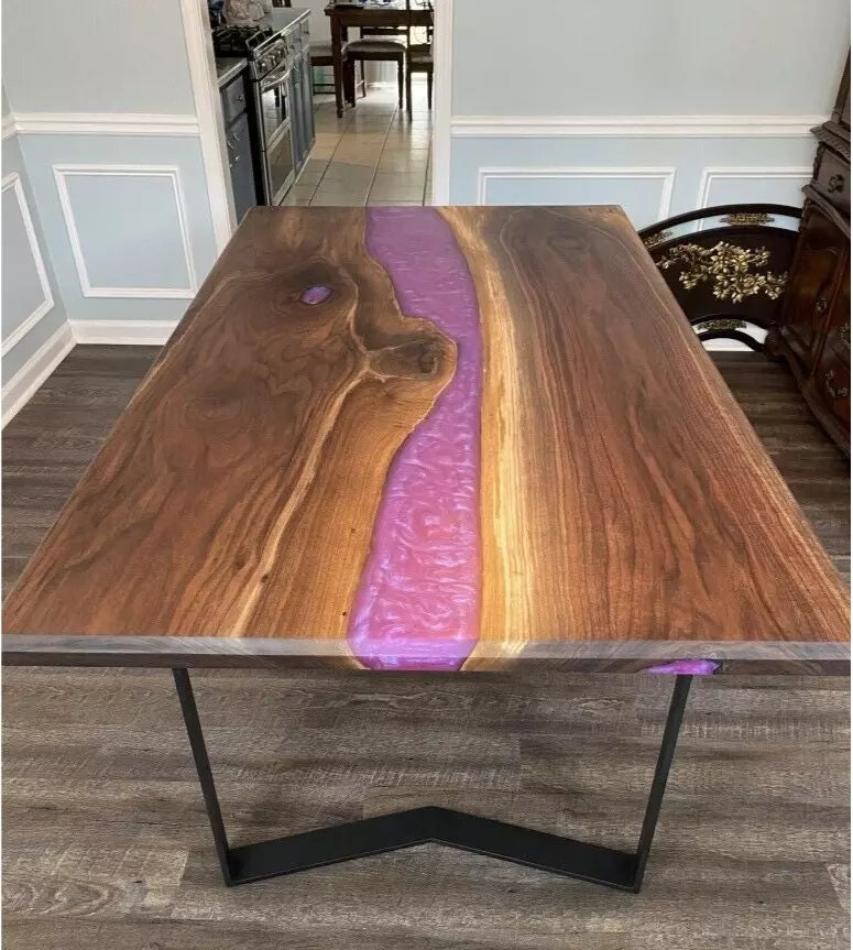 Handcrafted Walnut Live Edge Table: Purple Epoxy Resin River Desk