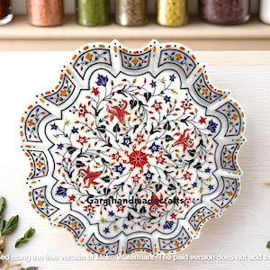 18&quot; Exclusive White Marble Inlay Plate Multi Stone Floral Mosaic Handmade Work Unique Kitchen Accessories Home Decorative Gifts