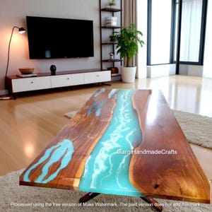 Blue Epoxy Resin Acacia Wood Dining Table: Live Edge Kitchen Island