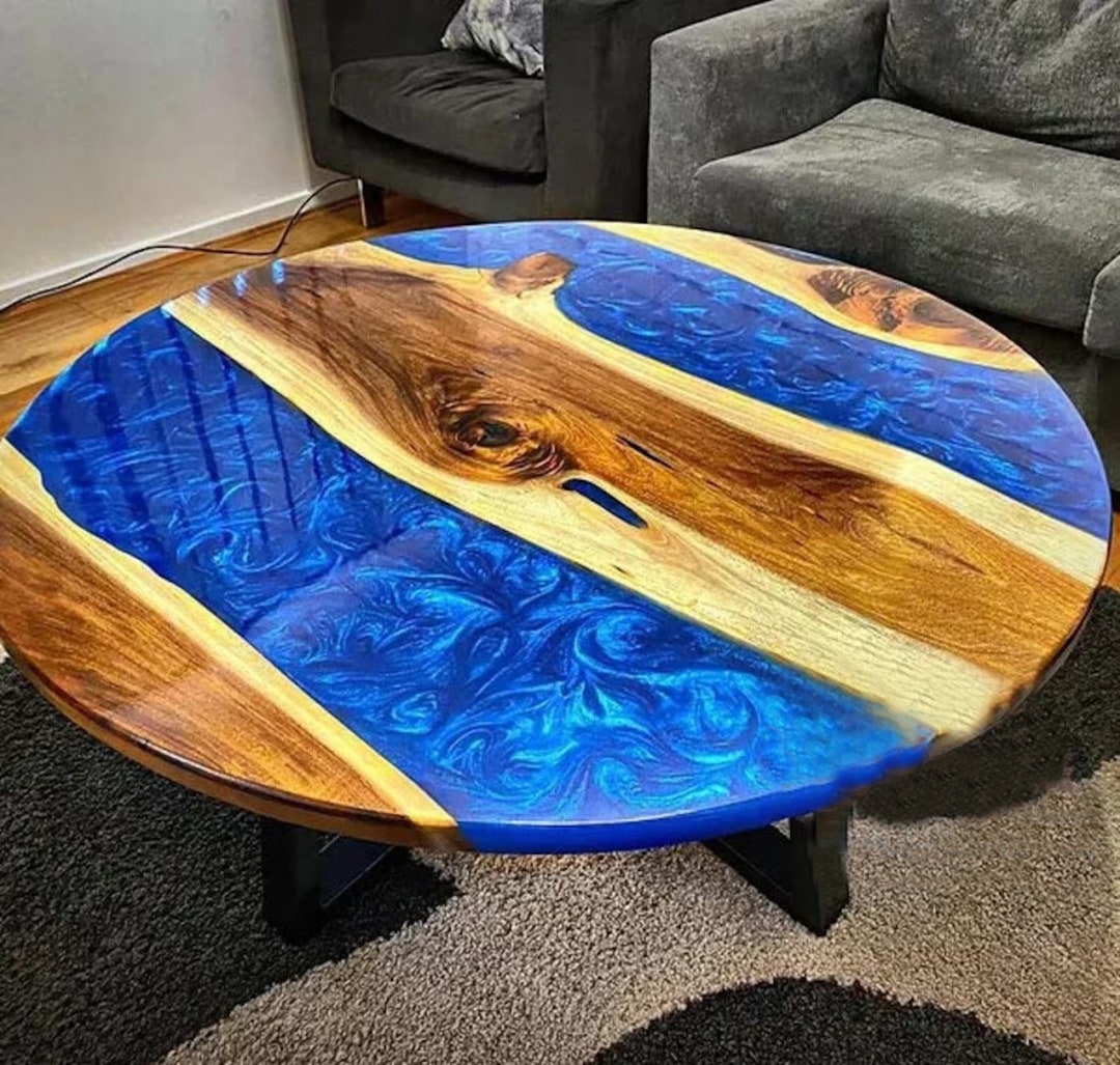 Round Blue Epoxy Coffee Table Mid Century Modern Arts Epoxy Etsy