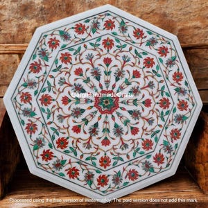 Handmade Octagon Marble Table Top: Floral Inlay Stone Decor