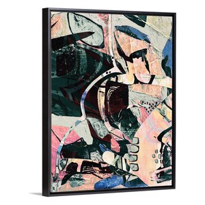May include: Abstract art print featuring a collage of colorful shapes and textures in shades of pink, green, blue, and black. The artwork has a layered and textured appearance, creating a dynamic and visually interesting composition.