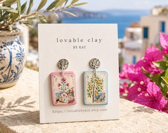 Mediterranean Mahjong Tile Earrings | Handmade Polymer Clay Dangle Earrings
