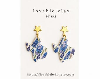 Texas Bluebonnet Clay Earrings | Floral Dangle with Gold Star Studs