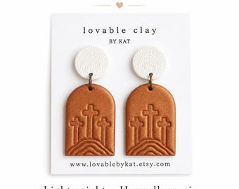 Burnt Orange Shimmer Cross Arch Earrings | Lightweight Faith Dangle Jewelry