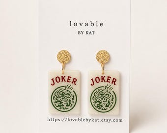 Handmade Mahjong Joker Earrings | Polymer Clay Tile, Gold Studs