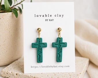 Teal Cross Earrings with Faith Script | Lightweight Polymer Clay Dangle Jewelry