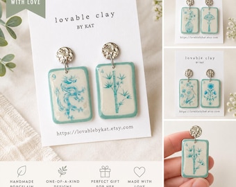 Coastal Mahjong Earrings | Handmade Polymer Clay Dangles, Beachy Tile Jewelry