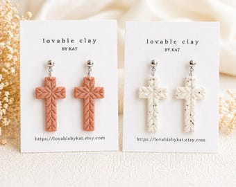 Textured Cross Clay Earrings | Lightweight Faith Jewelry, Rose Gold Shimmer, Speckled Ivory
