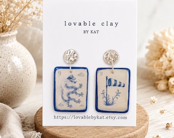 Aviation Mahjong Tile Earrings |  Chinoiserie Clay Dangles