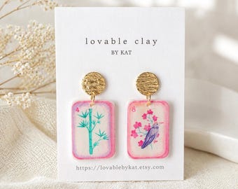 Mahjong Tile Earrings – Pink Floral Polymer Clay Statement Jewelry