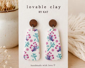 Mahjong Bird Bamboo Floral Polymer Clay Earrings | Lightweight Handmade Statement Jewelry