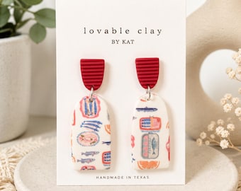 Sardine Print Polymer Clay Dangle Earrings | Mediterranean Summer Jewelry
