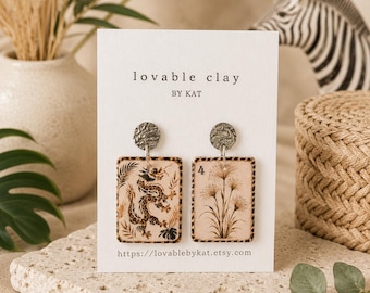 Safari Mahjong Tile Earrings | Neutral Animal Print Dangle Earrings