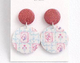 Mahjong Inspired Statement Earrings • Fuchsia Glitter Stud Dangles • Pink Blue Tile Pattern