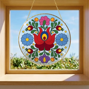 Stained Glass Suncatcher, Hungarian Matyo Design, Gold Zinc Frame, Window Hanging, Tabletop Display, 058F
