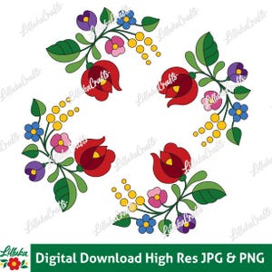 May include: Digital download of a floral design featuring red tulip-like flowers, green leaves, and clusters of yellow, blue, pink, and purple flowers. The design is set against a white background. Text at the bottom reads "Digital Download High Res JPG & PNG".