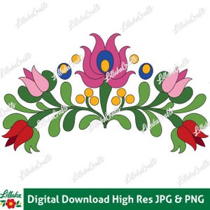 May include: A digital illustration of a floral design with pink, red, and yellow flowers, green leaves, and blue accents. The text "Digital Download High Res JPG & PNG" is at the bottom.