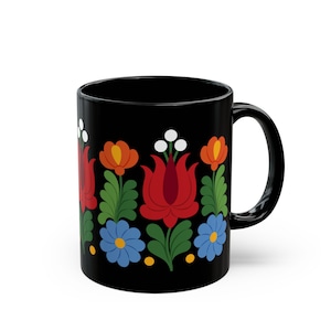 094C Matyò Hungarian Folk Art Floral Ceramic Mug | Black Ceramic Cup | Colorful Gift