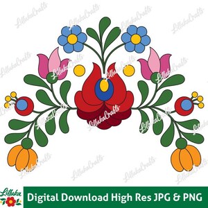 Puede incluir: Un diseño floral simétrico con flores rojas, azules, rosas y naranjas con hojas verdes. El diseño incluye el texto "Digital Download High Res JPG & PNG".