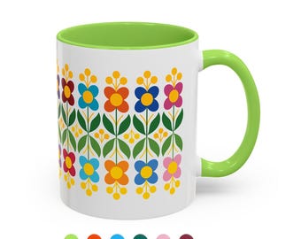 Taza de café húngara, diseño de arte popular Sioagardi en cerámica blanca con detalles en colores en el interior y el asa, 2 tamaños disponibles, SKU045JC