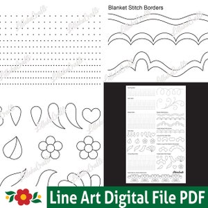 以下が含まれることがあります： ブランケットステッチのボーダーの作り方を説明した白黒のデジタルラインアートPDFファイル。ファイルには、ランニングステッチ、ブランケットステッチ、クロスステッチのボーダーなど、さまざまなデザインが含まれています。