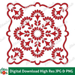 May include: A red and white digital design featuring a floral pattern with a scalloped border. The design includes a central floral motif surrounded by symmetrical floral elements. Text at the bottom reads "Digital Download High Res JPG & PNG".