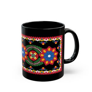 Hungarian Coffee Mug, Matyo Folk Art Design on Black Ceramic, 2 Mug Sizes, SKU032FK