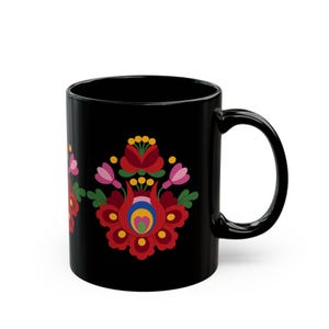 094B Matyò Hungarian Folk Art Floral Ceramic Mug | Black Ceramic Cup | Colorful Gift