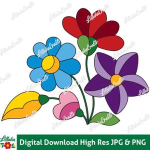 May include: A colorful digital illustration of stylized flowers in red, blue, purple, and pink. The flowers have yellow centers and green stems and leaves. The image includes the text "Digital Download High Res JPG & PNG".