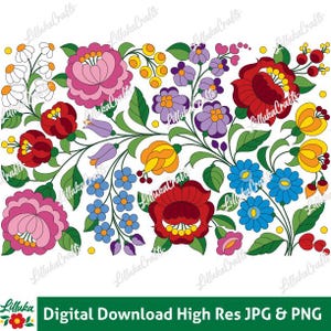 Archivos de patrones de bordado a mano húngaros, flores de arte popular de Kalocsai, 10"x15.5", SKU060A