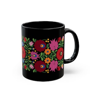 057A Matyò Hungarian Folk Art Floral Ceramic Mug | Black Ceramic Cup | Colorful Gift