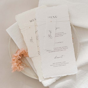 Mia Wedding Menu & Twine Tied Place Card, Handmade Paper with Personalised Names Menu, Deckled Edge Wedding Menu, Modern Wedding Menu