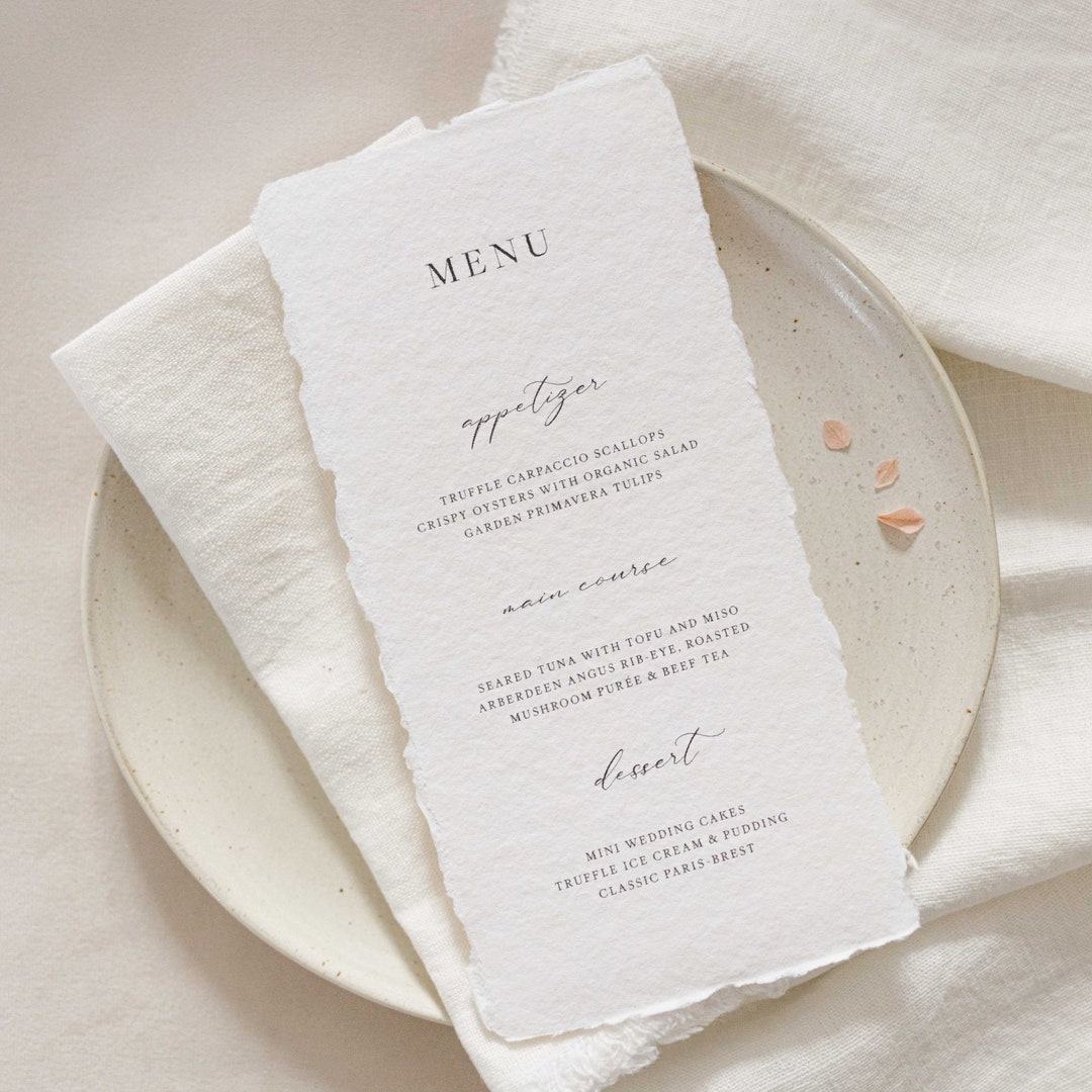 Mia Wedding Menu Handmade Paper Wedding Menu Deckled Edge Etsy