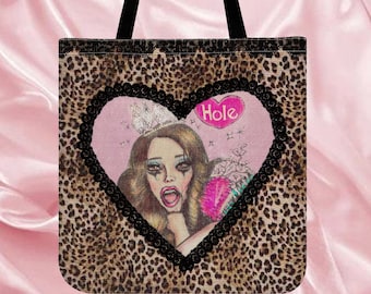 Courtney Love Fabric Tote Bag – Animal Print and Lace Design, Grunge Rock Icon Illustration - Hole Band Accesory