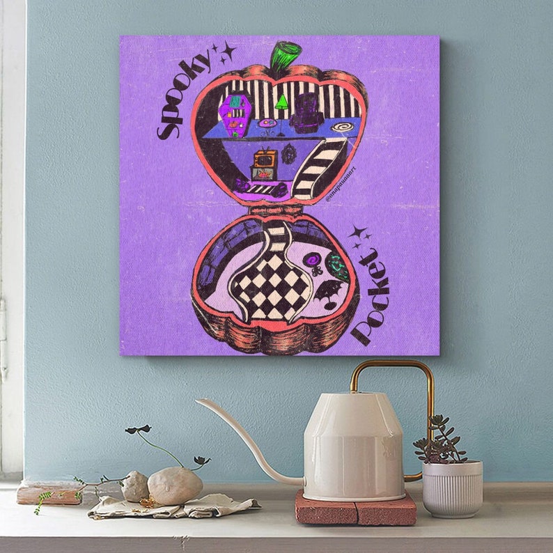 May include: A purple background with a pink and orange pumpkin-shaped box with a black and white checkered interior. The box is open and reveals a miniature room with furniture and a Christmas tree. The text "Spooky Pocket" is written on the box.